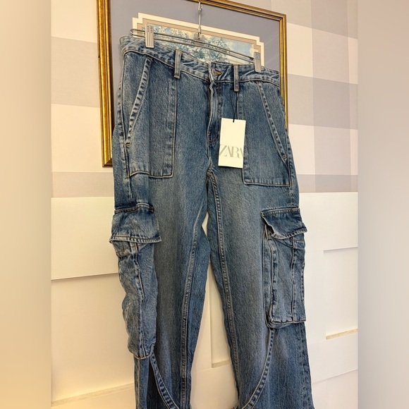 Zara Women's Cargo Flare Blue Jeans Size 4 - Picture 3 of 7